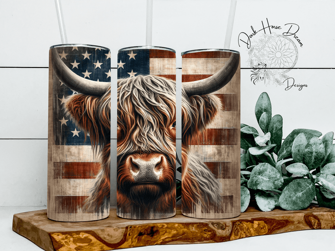 Dark Horse Dream Designs LLC Dark Horse Dream Designs LLC - Rustic Patriotic Highland Cow Farm Animal Tumbler