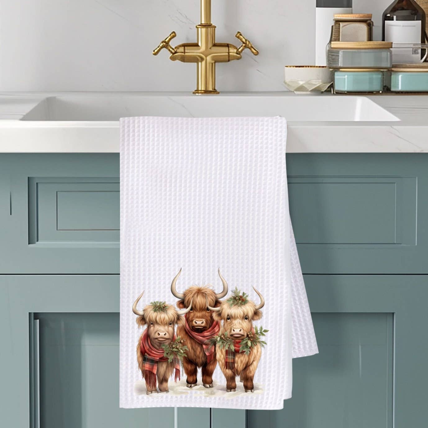 Faire-Fernville Creations Dish towels Highland Cow Holiday Waffle Knit Ranch Farmhouse Kitchen Towel