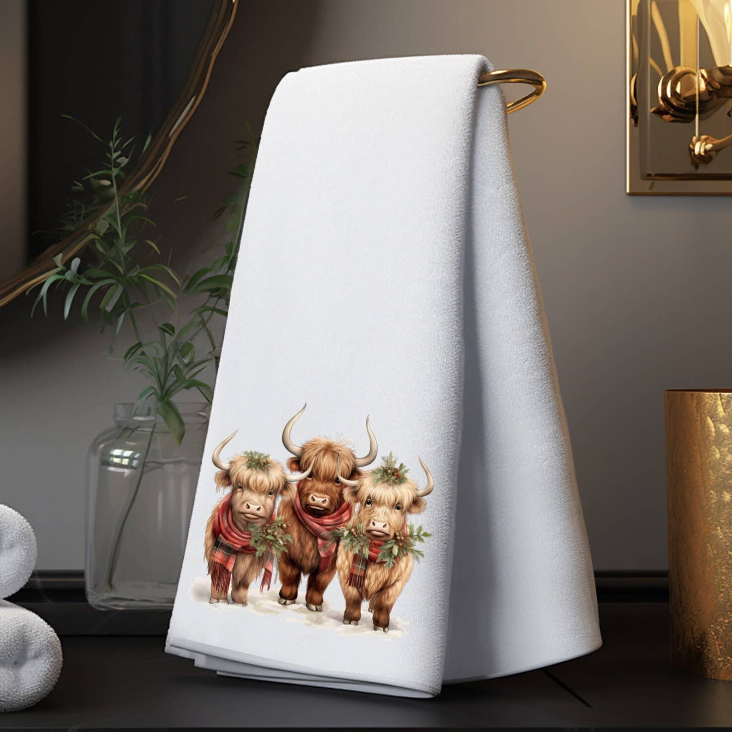 Faire-Fernville Creations Dish towels Highland Cows Holiday Terry Cloth Hand Towel