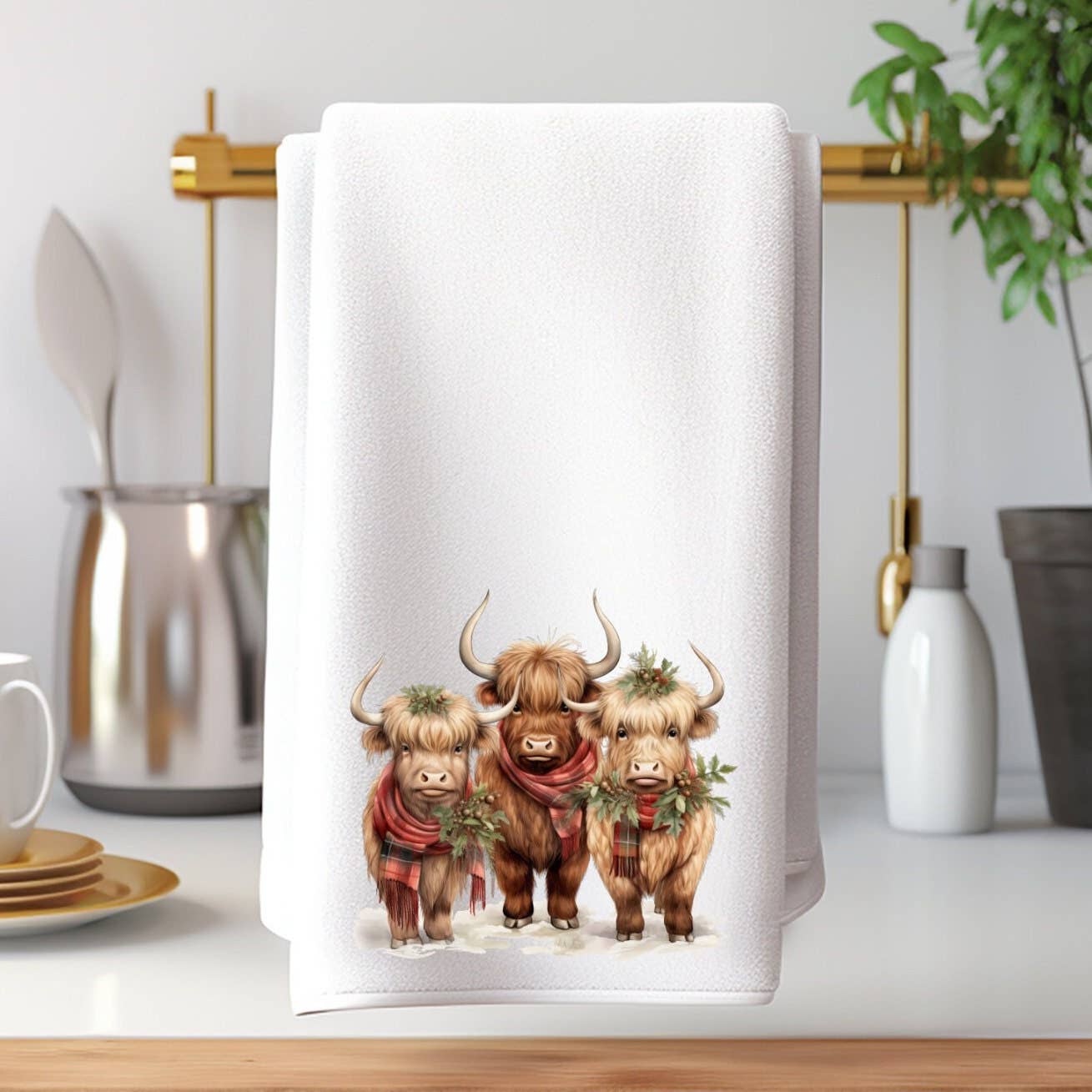 Faire-Fernville Creations Dish towels Highland Cows Holiday Terry Cloth Hand Towel