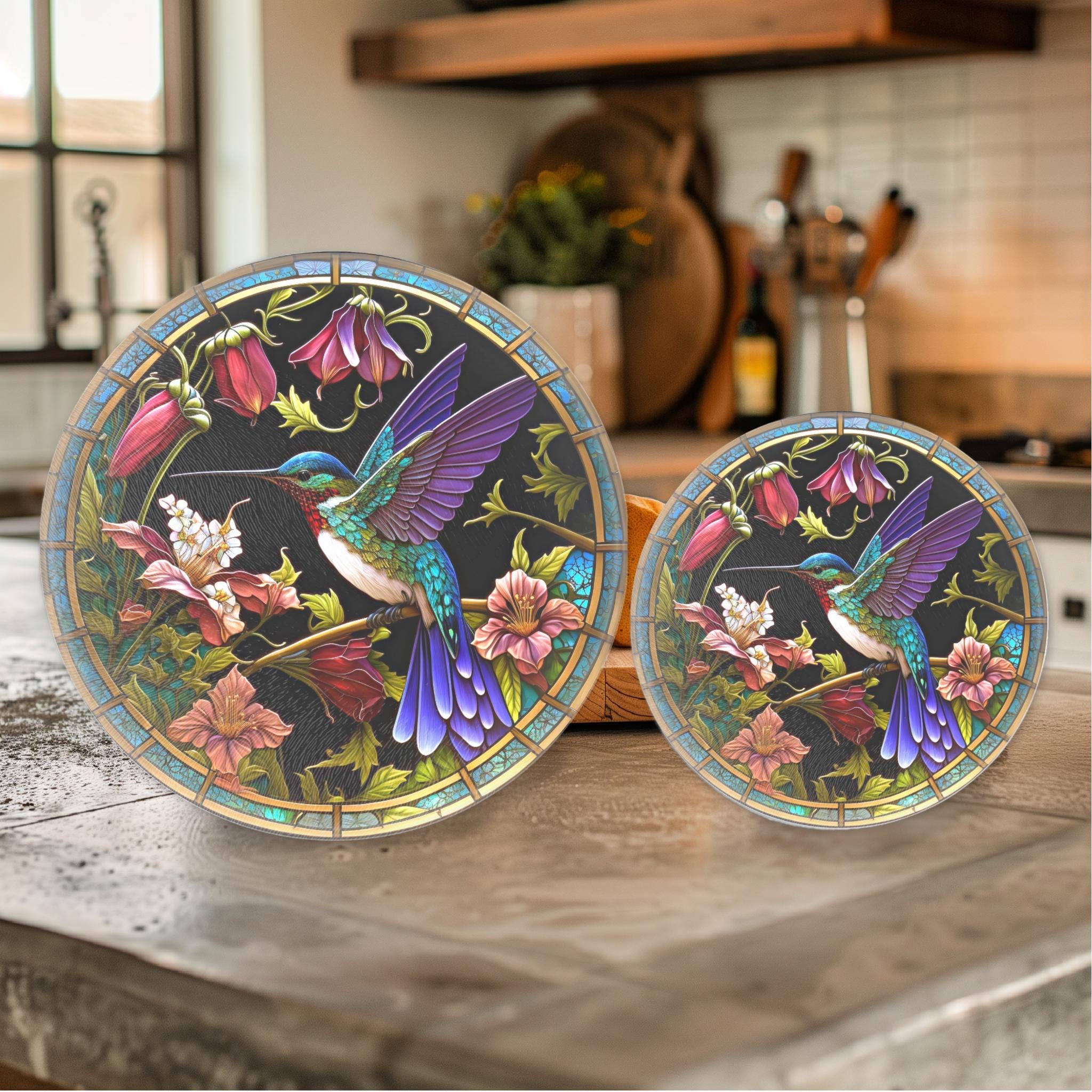Faire-Fernville Creations Stained Glass Panels Hummingbird Tempered Glass Cutting & Charcuterie Board