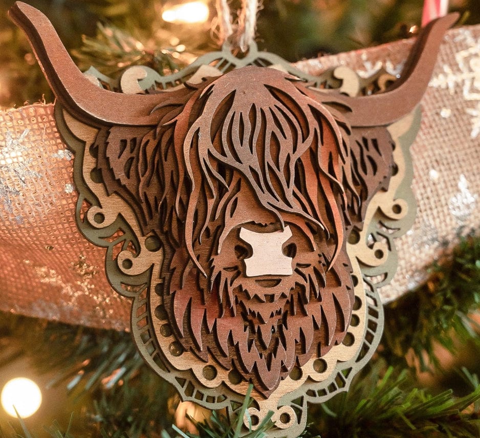 Faire-Honey Glow Designs Holiday Ornaments No Pointsettia Highland Cow Layered Wood Handmade Oversized Ornament