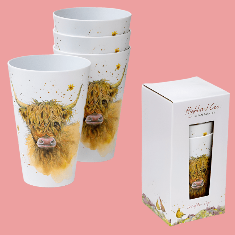 FAIRE - Puckator Ltd Highland Coo Cow Set of 4 Recycled RPET Picnic Cups