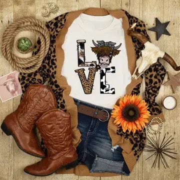 FAIRE Shirts Small Gray Highland Cow LOVE T Shirt