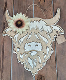 Highland Cow Sign Handmade Layered Wood with Flower