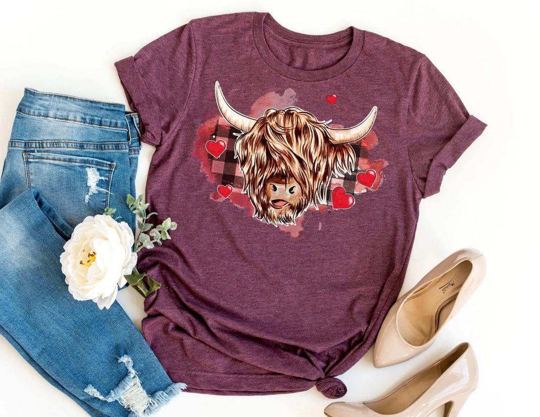 Faire-The Shirt Company cow tshirts Highland Cow with Hearts and Checks Tshirt Cow Lovers