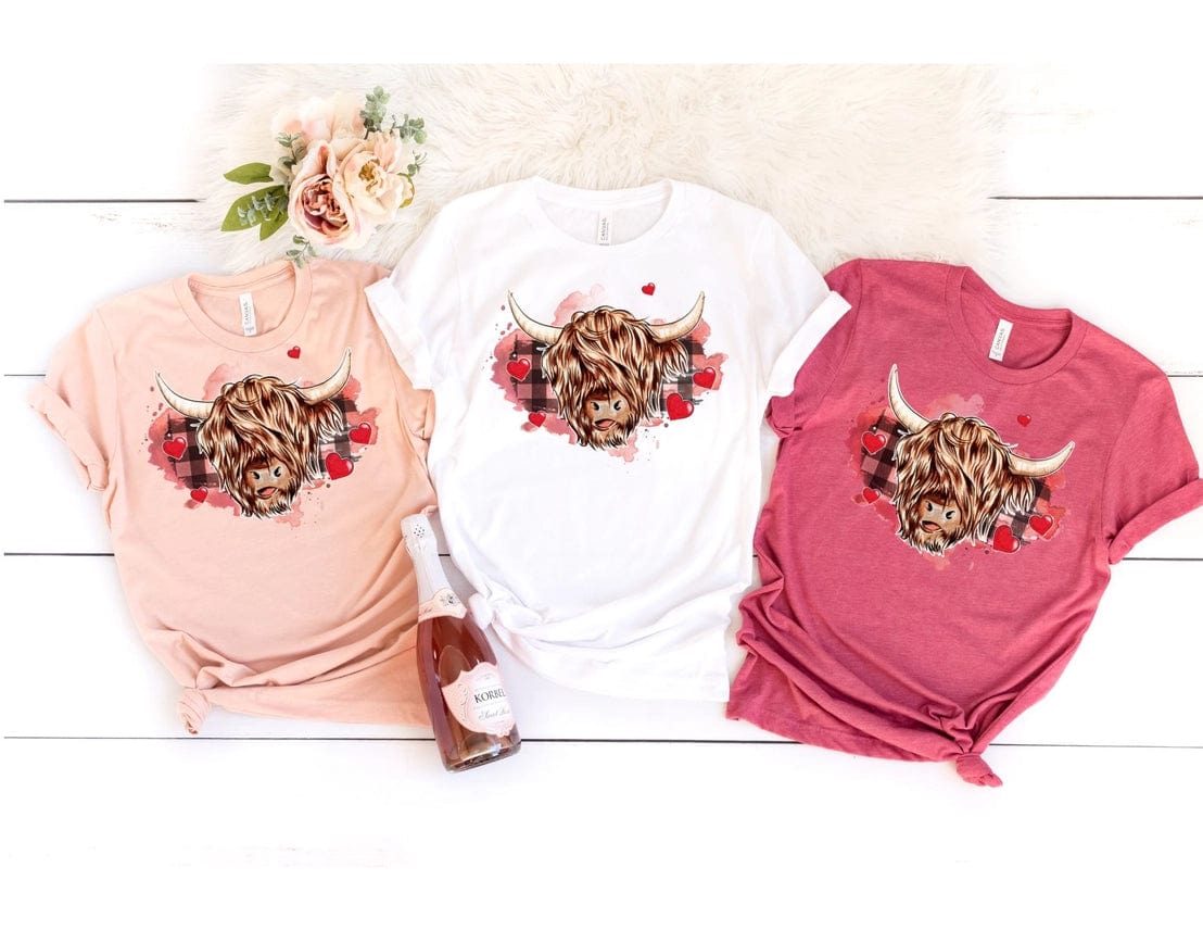 Faire-The Shirt Company cow tshirts White / XS Highland Cow with Hearts and Checks Tshirt Cow Lovers