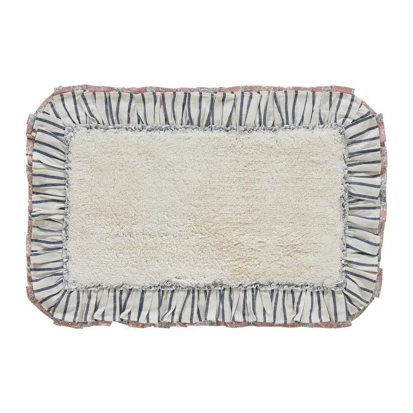 FAIRE - VHC Brands 20X30 Kaila Ruffled Ticking Cream and Blue Country Farmhouse Bathmat