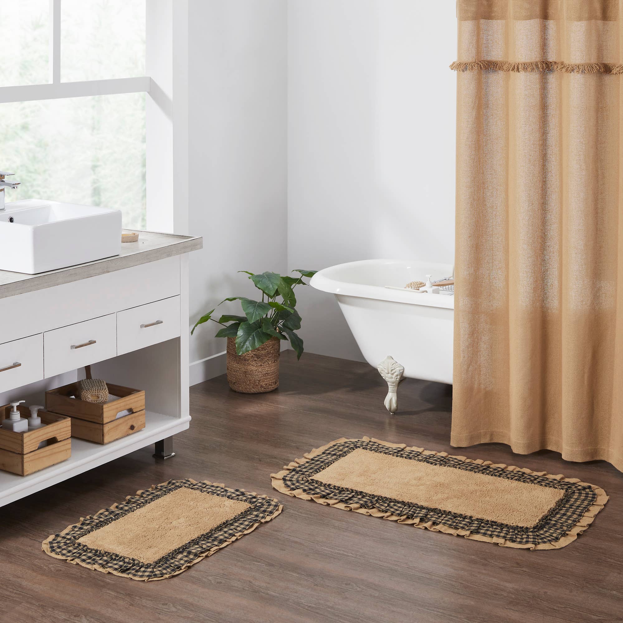 FAIRE - VHC Brands bath rug 27X48" Burlap Natural w/ Black Check Bathmats Farmhouse Favorite!