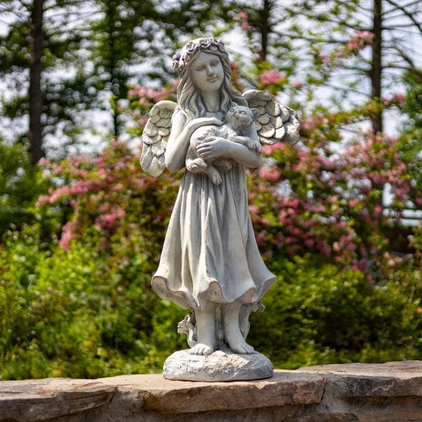 Faire- Zaer Ltd. International Angel with cat statue Angel Holding Cat Statue, 39" Tall Magnesium