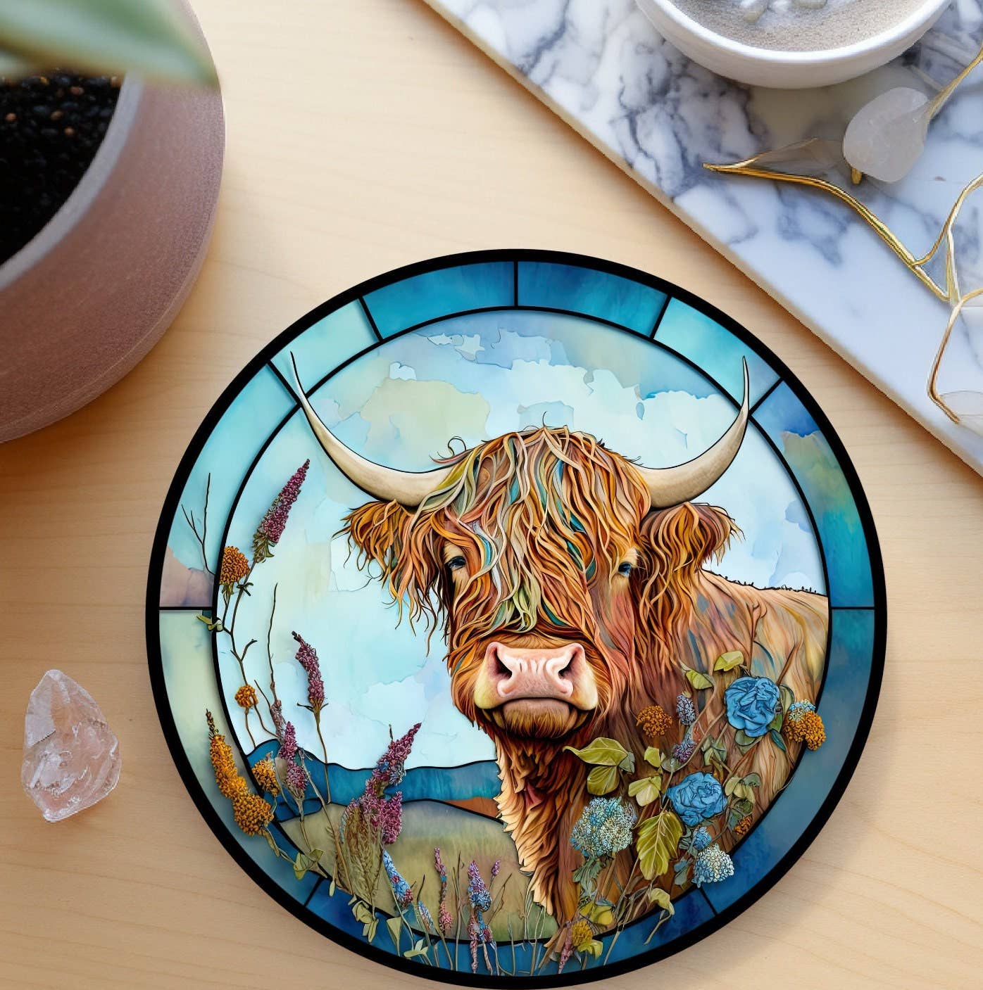 Fernville Creations Colorful Highland Cow Ceramic Coaster with Stained Glass Motif Handmade in the USA