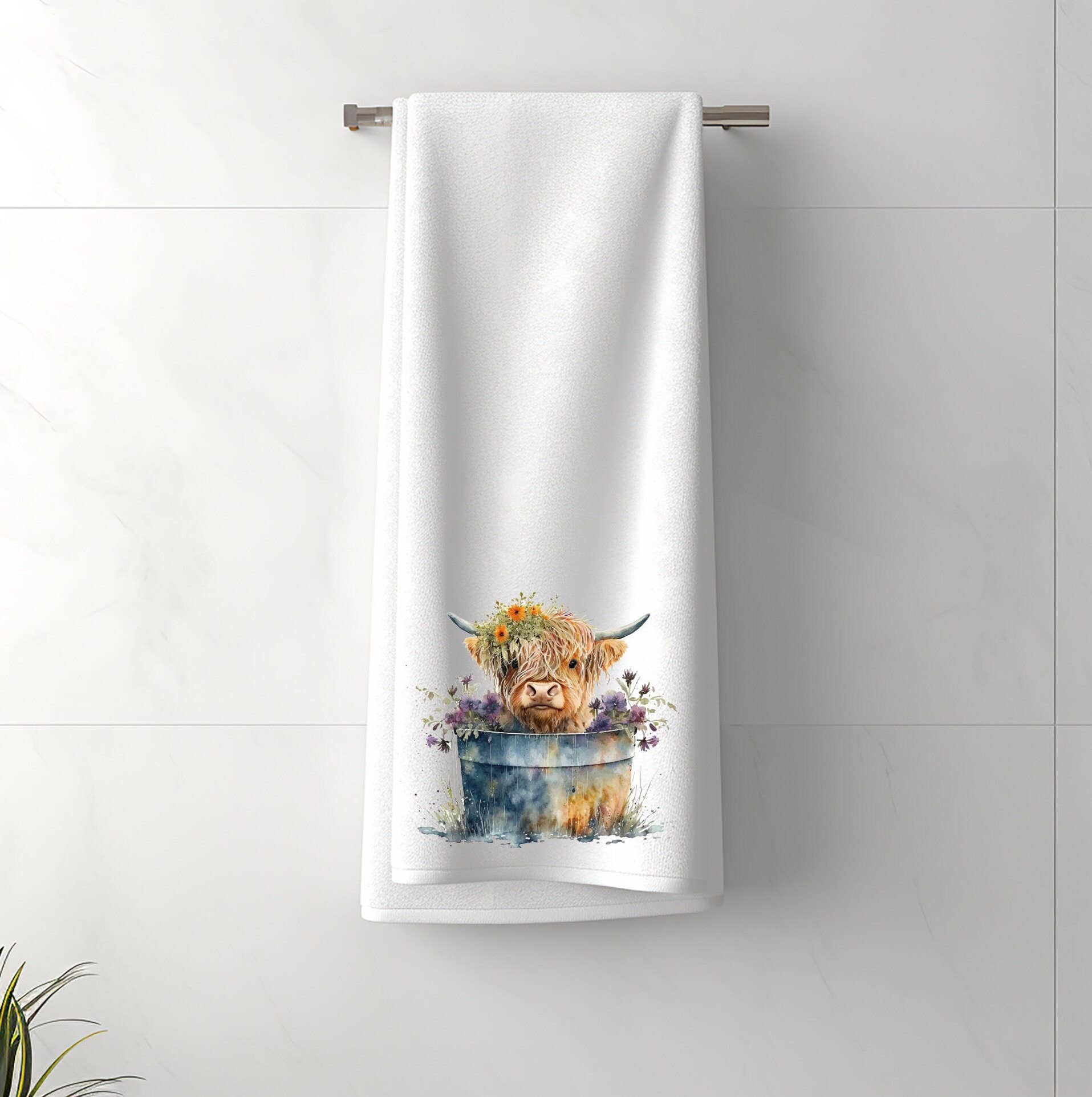 Fernville Creations Dish towels Bath 24X42 inch Highland Cow Floral Washtub Terry Cloth Bath Towels