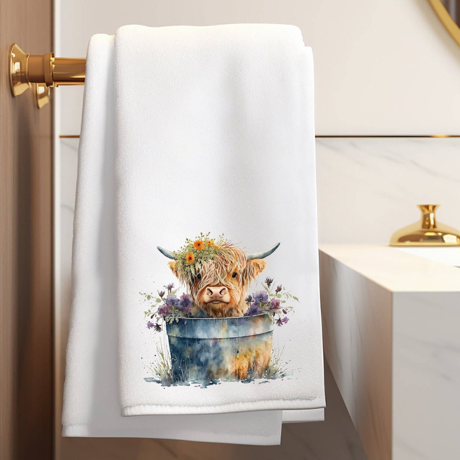 Fernville Creations Dish towels Highland Cow Floral Washtub Terry Cloth Bath Towels