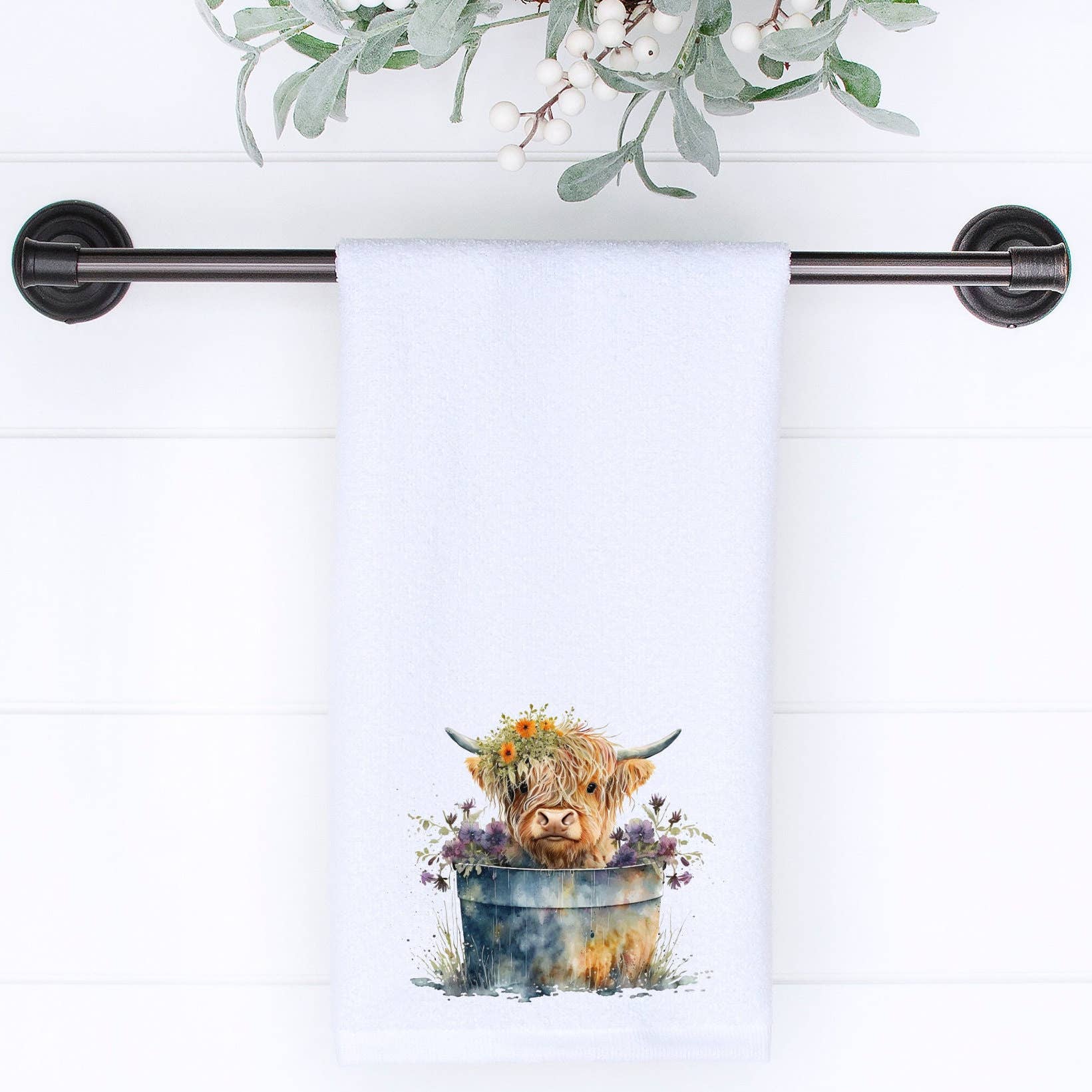 Fernville Creations Dish towels Highland Cow Floral Washtub Terry Cloth Bath Towels
