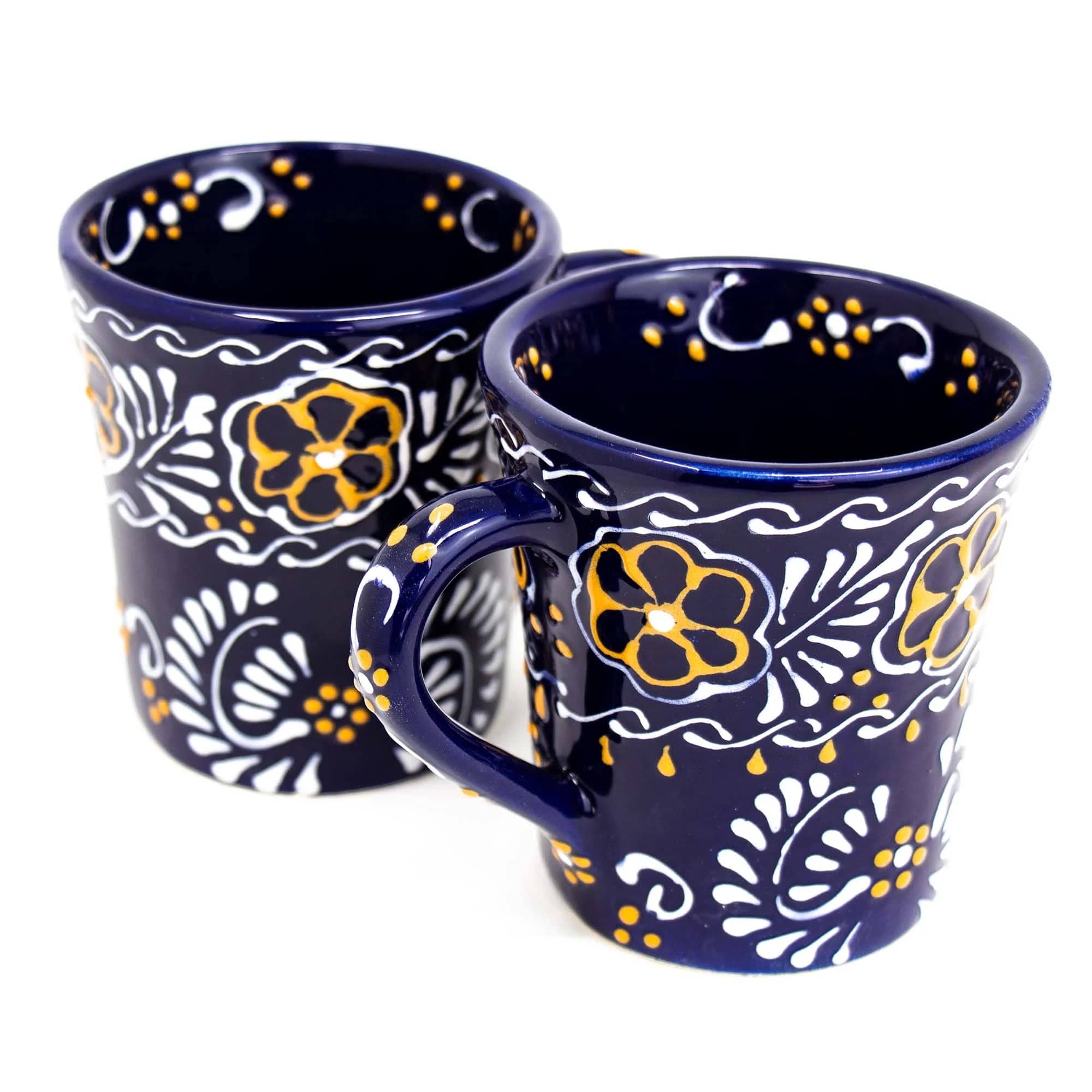 global crafts Mugs Encantada Flared Mugs Deep Blue Floral Pattern Handmade Mexican Art