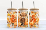 Highland Cow with Pumpkin Florals 16oz Frosted Glass Tumbler