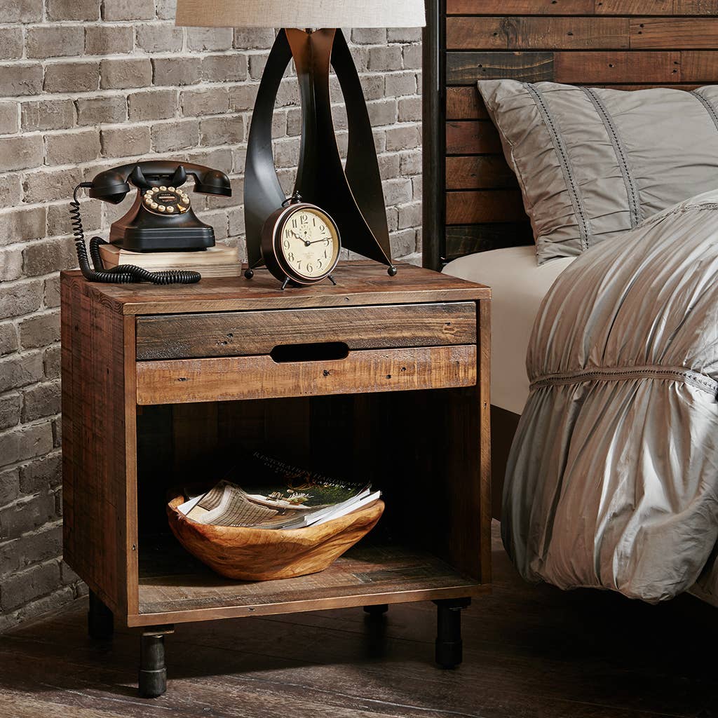 Olliix Olliix - Industrial Wood Nighstand with Drawer and Storage, Dark