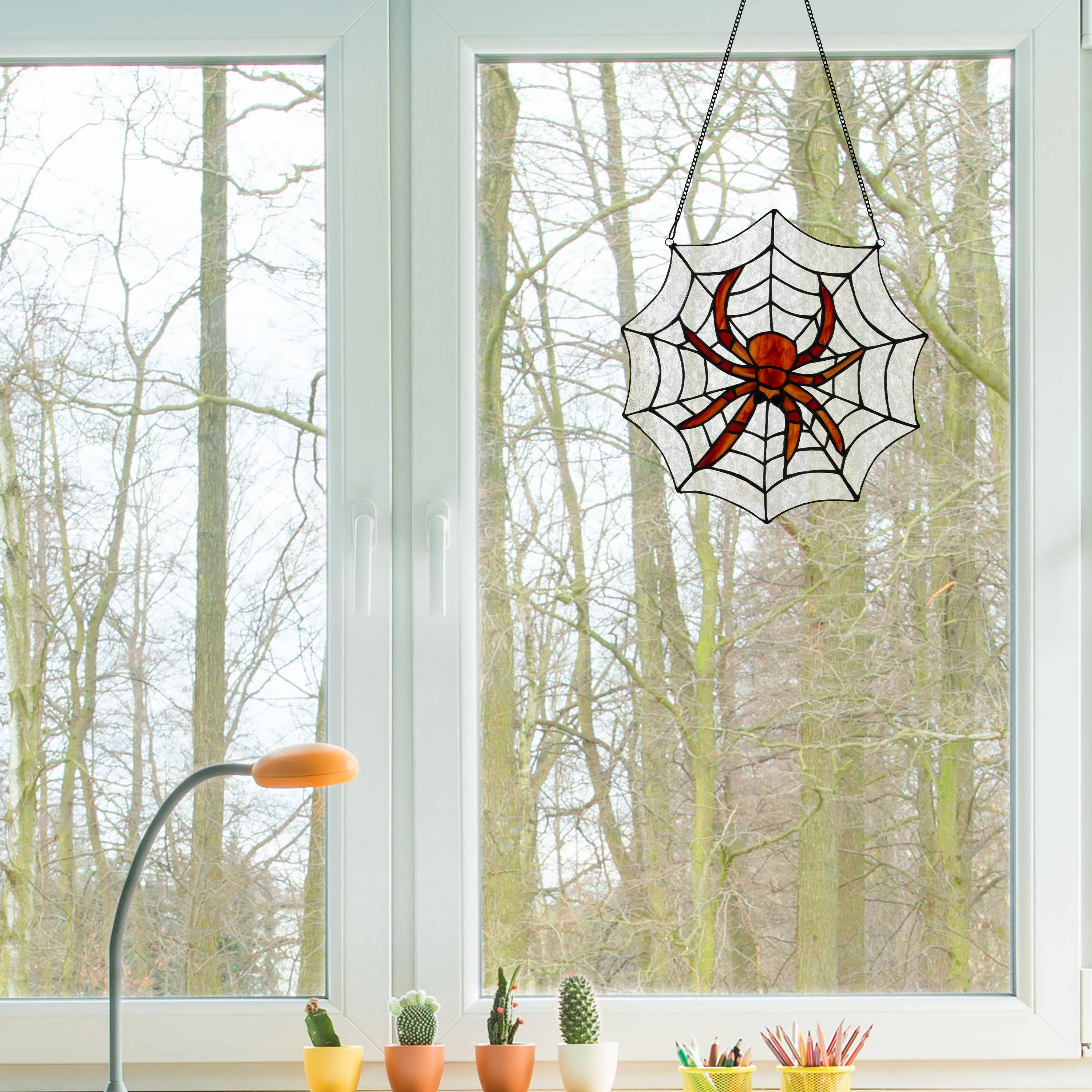 River of Goods River of Goods - 12"H Halloween Spider Web Stained Glass Window Panel