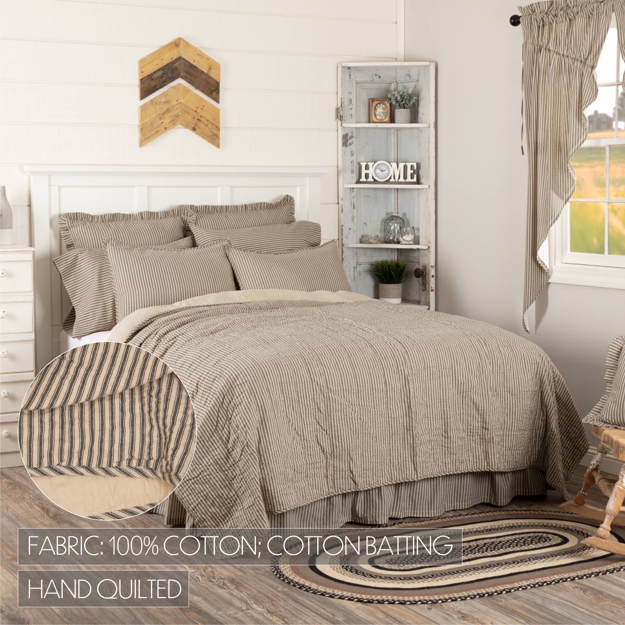 VHC Brands VHC Brands - Sawyer Mill Charcoal Ticking Stripe Quilt California King Coverlet 130Wx115L