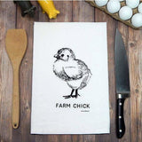 Farm Chick Handprinted White Flour Sack Tea Towel with Hanging Loop