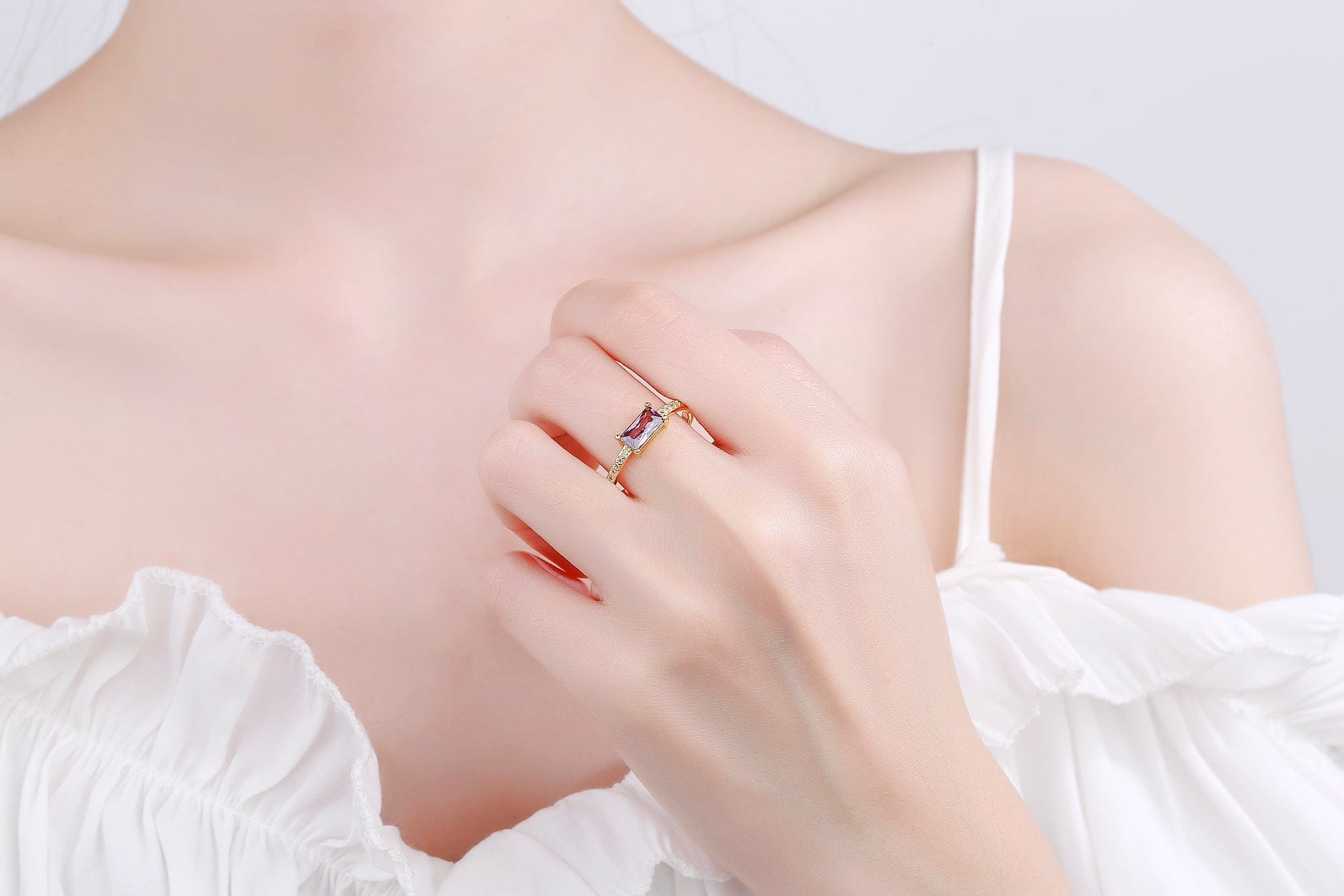 Ali Express Rings Rectangular Purple CZ Ring, Delicate and Feminine Sterling Silver