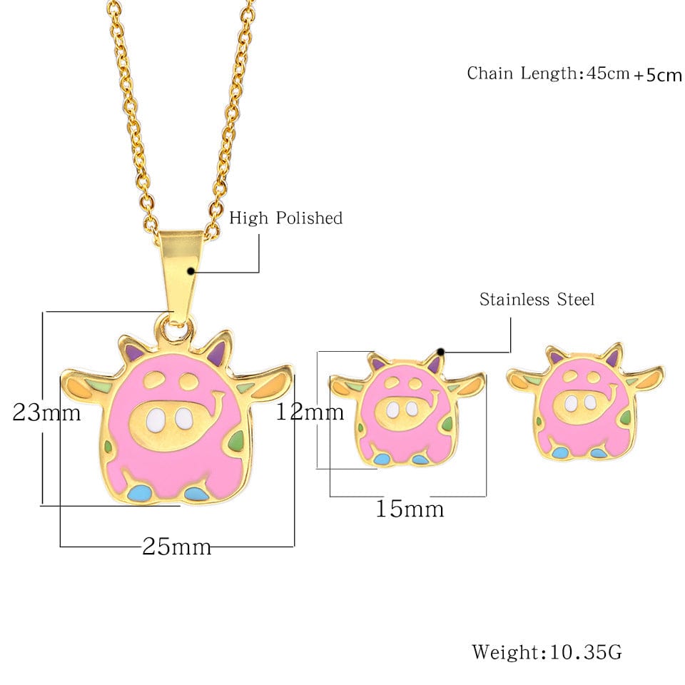Alibaba Fashion Jewelry Sets Flying Pink Piggy Jewelry Set Stainless Steel Necklace and Earrings for Girls