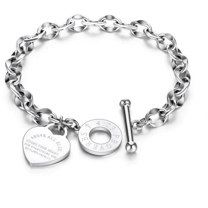 alibaba Fashion Jewelry Silver Guard Your Heart Christian Bracelet Proverbs 4:23 Stainless Steel Rose Yellow or White Gold Plated