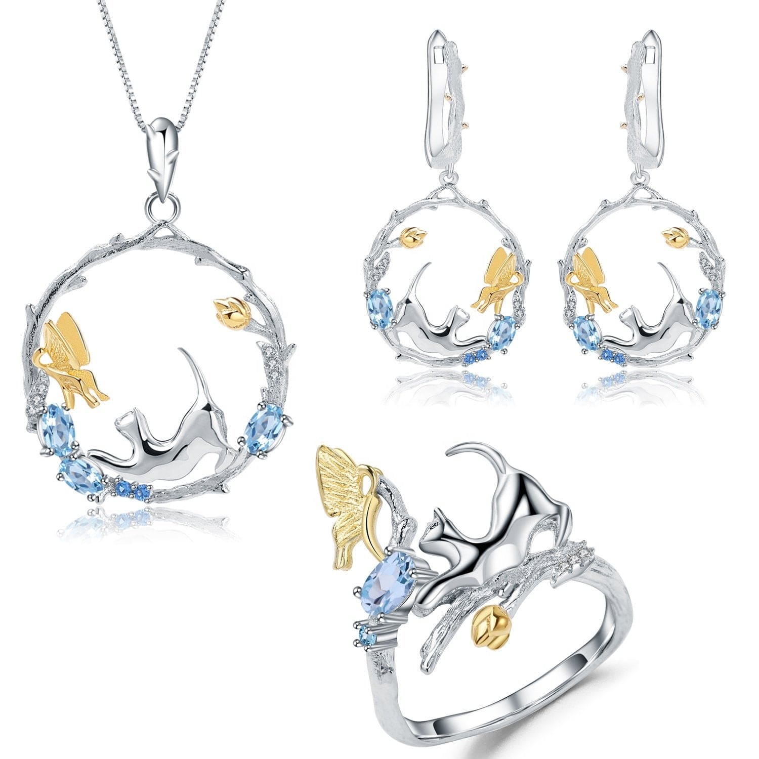 Alibaba Fine Fashion Jewelry SET Topaz-SET Cat and Butterfly Fine Sterling Silver Jewelry, Genuine Gemstone-Necklace, Earrings, Ring or SET