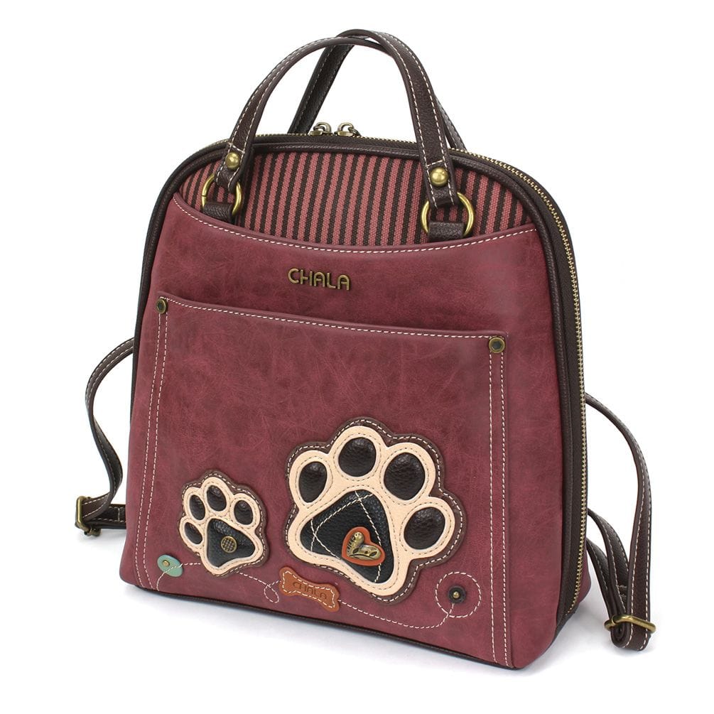 Chala Handbags Paw Print Convertible Backpack-Purse by Chala-Paw, Sunflower, Dragonfly, Sloth, Butterfly and Turtle Vegan*