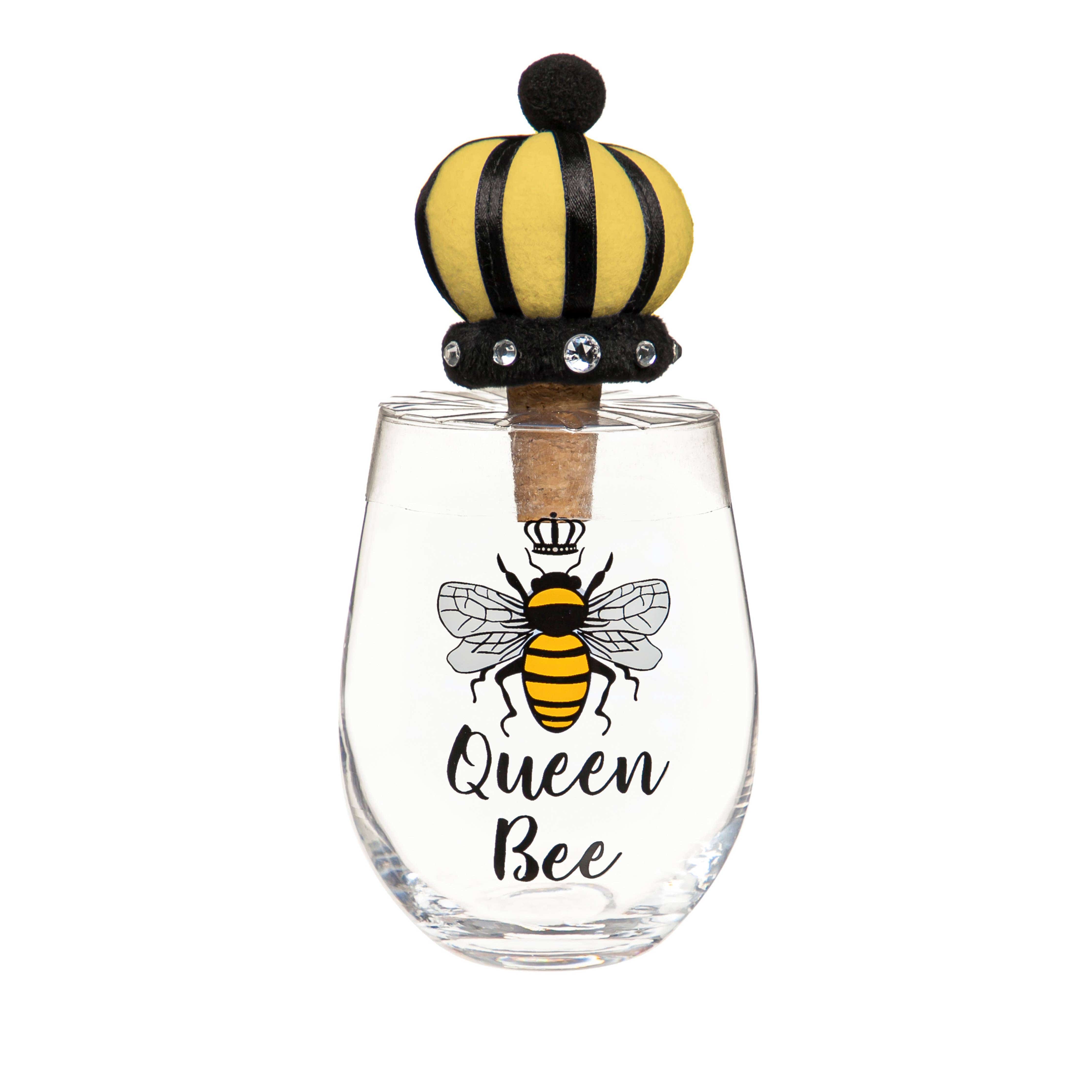 Faire-Evergreen Enterprises Wine Glass GIft Set Queen Bee Wine Glass and Bottle Stopper Gift Set