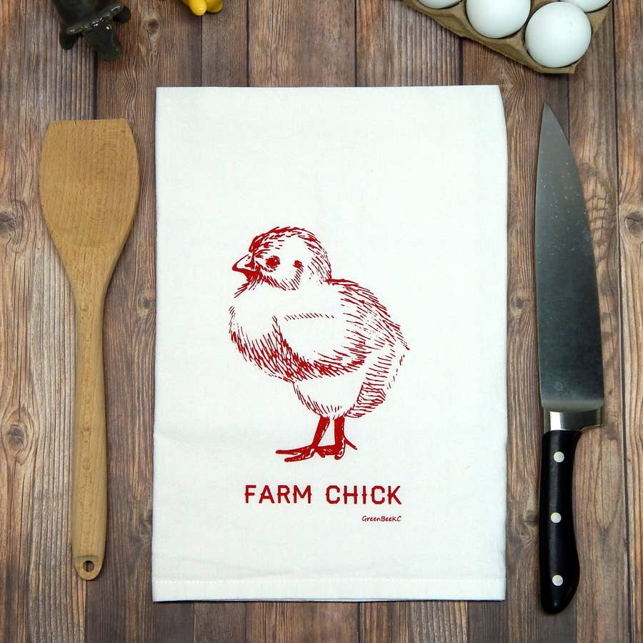 FAIRE - Green Bee Tea Towels Kitchen Red Farm Chick Handprinted White Flour Sack Tea Towel with Hanging Loop