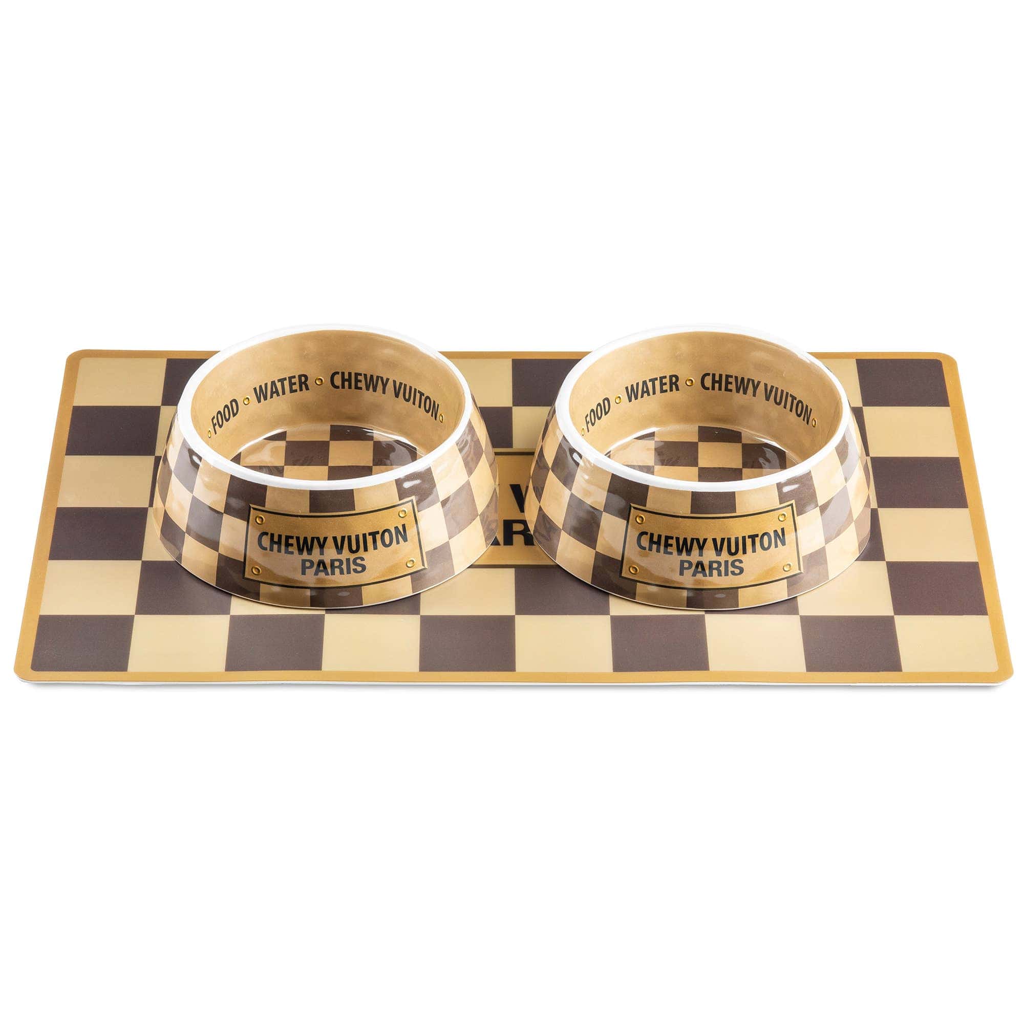 FAIRE - Haute Diggity Dog Pet Products SET / Brown / Small Chewy Vuiton Bowls & Placemat Set Classic Checker or White with Pastels