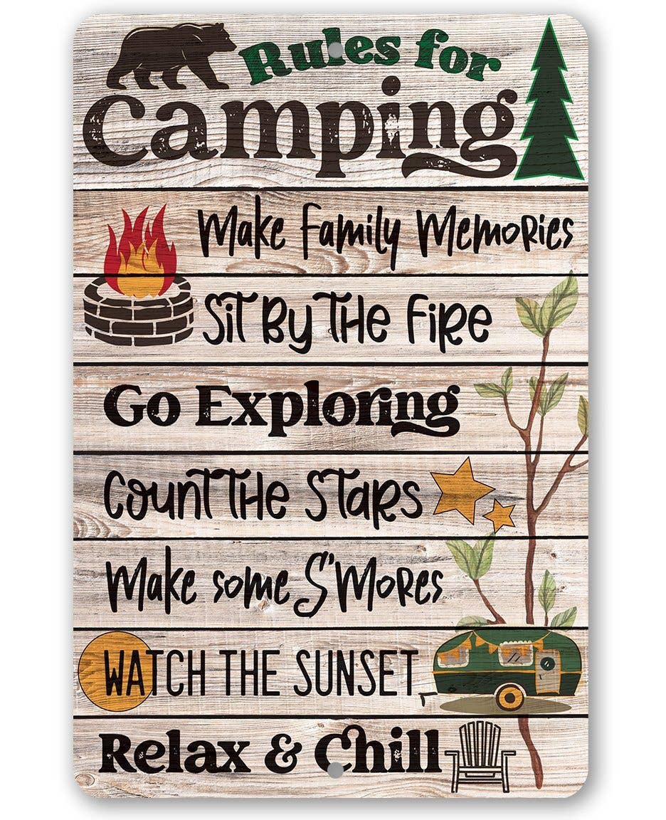 Faire-Lone Star Art camping sign 8 x 12 Rules for Camping Inspirational Metal Sign