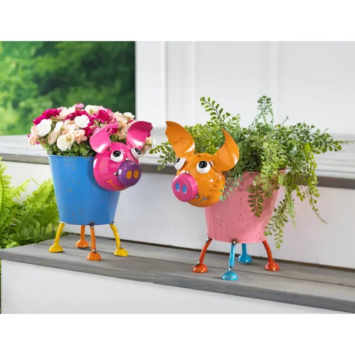 Faire-Plow & Hearth Pig Rooster Planters Colorful Metal Pig or Rooster Planter 2 Asst