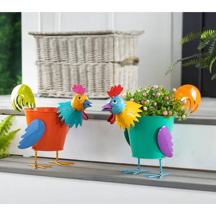 Faire-Plow & Hearth Pig Rooster Planters Colorful Metal Pig or Rooster Planter 2 Asst
