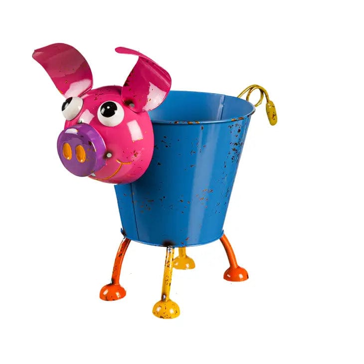 Faire-Plow & Hearth Pig Rooster Planters Pig-Blue Colorful Metal Pig or Rooster Planter 2 Asst