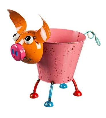 Faire-Plow & Hearth Pig Rooster Planters Pig-Pink Colorful Metal Pig or Rooster Planter 2 Asst
