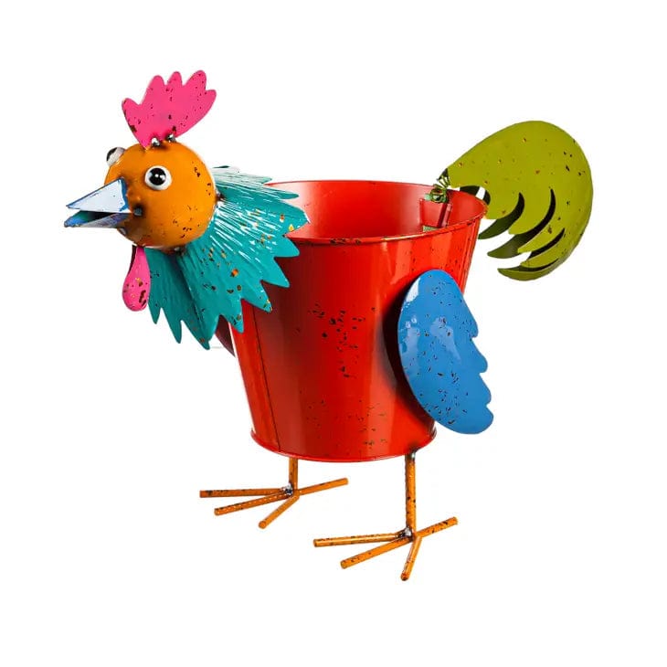 Faire-Plow & Hearth Pig Rooster Planters Rooster Chicken - Red Colorful Metal Pig or Rooster Planter 2 Asst
