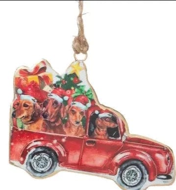 Faire: Silver Tree Home & Holiday Holiday Ornaments Four Dachshunds Doxie's in Pick-up Truck with Tree - Metal Ornaments
