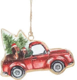 Faire: Silver Tree Home & Holiday Holiday Ornaments Two Dachshunds Doxie's in Pick-up Truck with Tree - Metal Ornaments