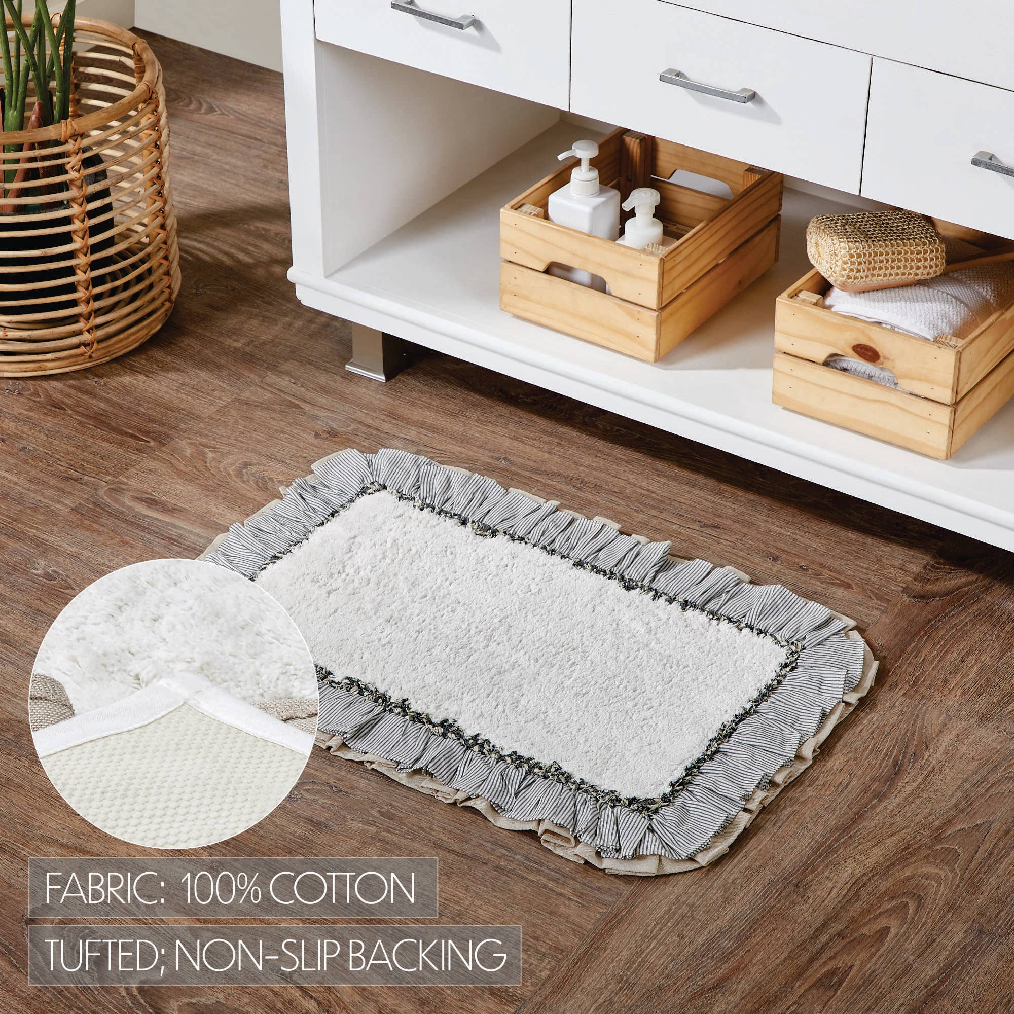 FAIRE - VHC Brands Rugs Ashmont Farmhouse Bath Mat-Cream with Blue Stripe & Burlap Ruffles