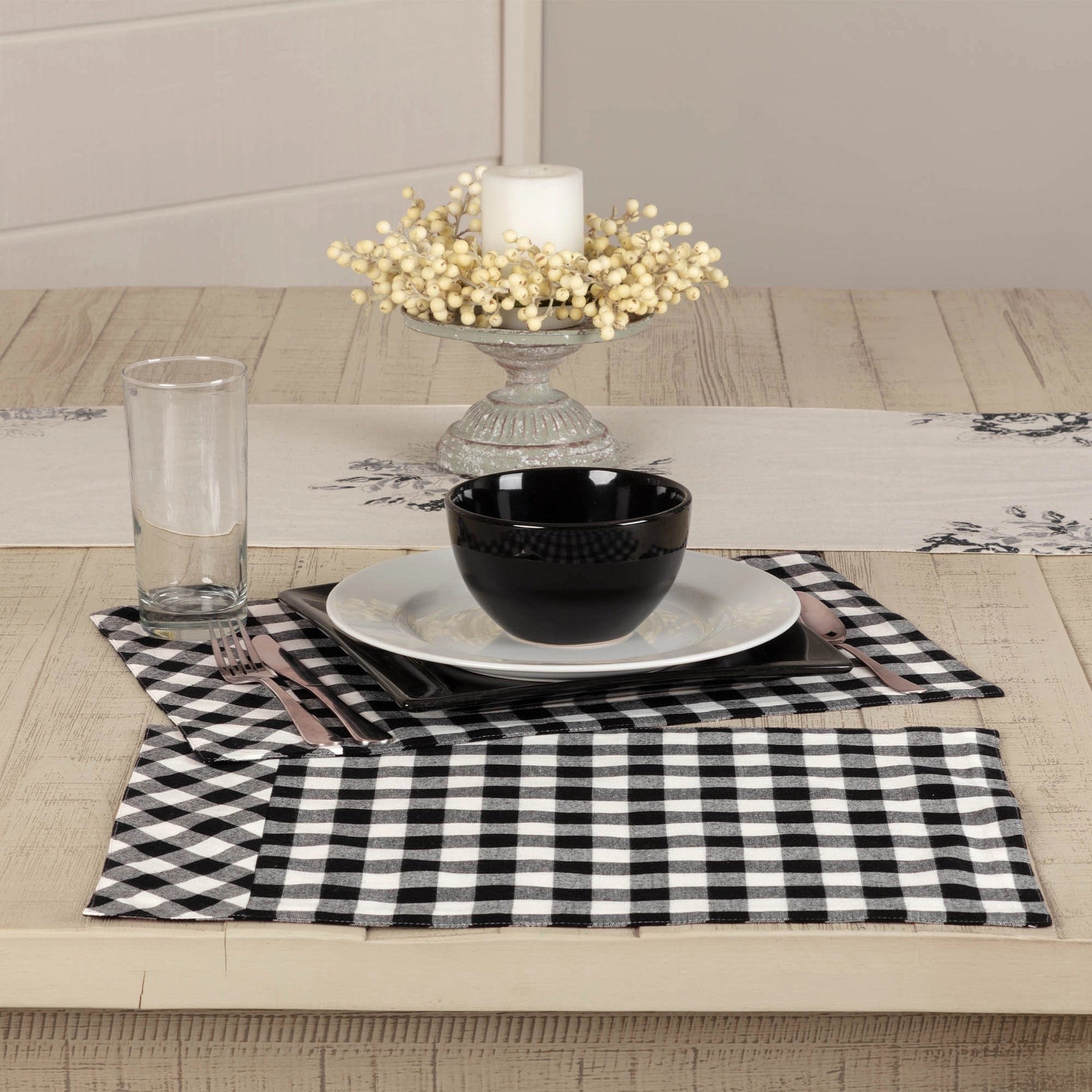FAIRE - VHC Brands Table Runners Vintage Check Black and White Table Runners and Placemats