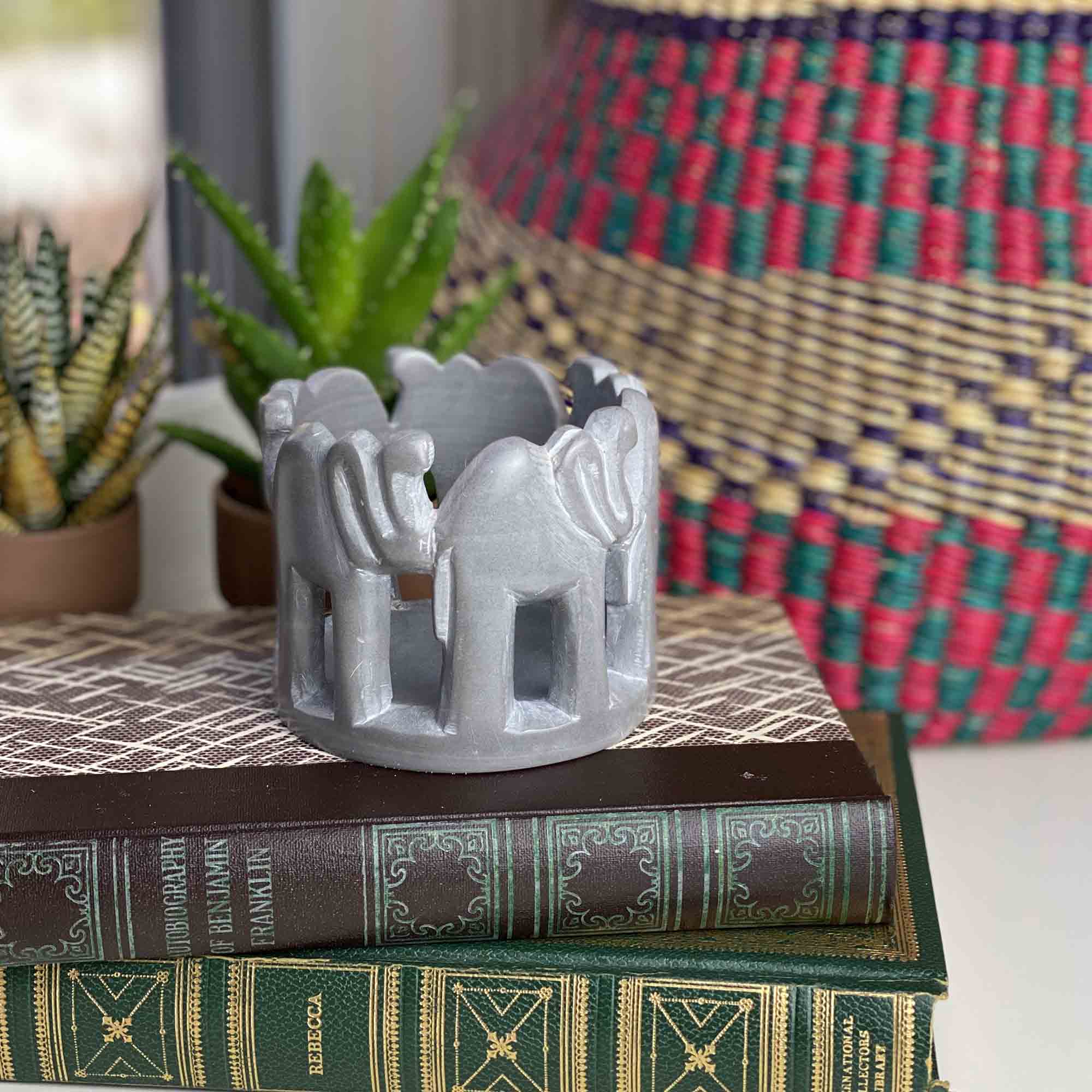 GCDS-Smolart Home African Circle of Elephants Soapstone Sculpture, 3 to 3.5-inch - Dark Stone *