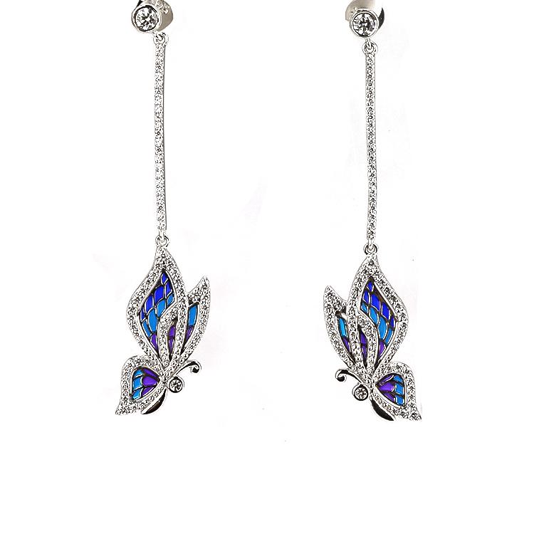 King He Fine Fashion Jewelry-Necklace Butterfly Earrings Blue Hanging Sterling Silver Enamel Butterfly Necklace with Swarovski Crystal Top of the Line!