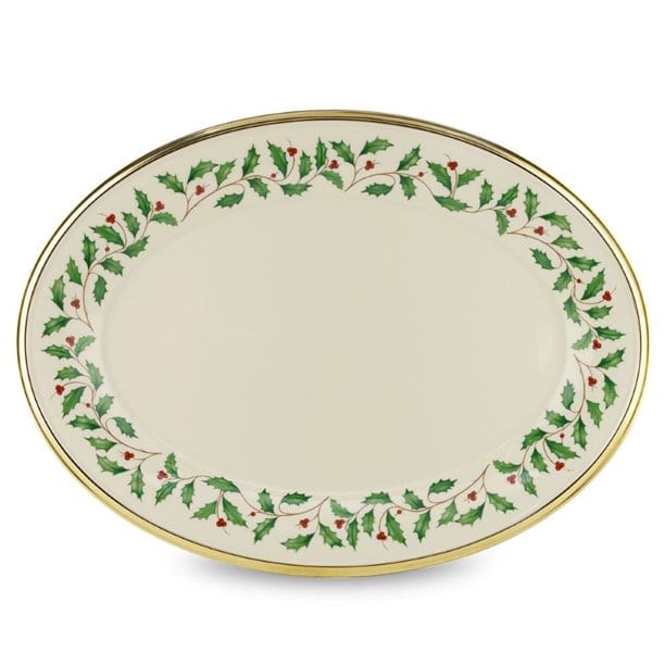 LENOX CRYSTAL Accessories Lenox Holiday 16" Oval Ivory Bone Serving Platter with Gold Rim
