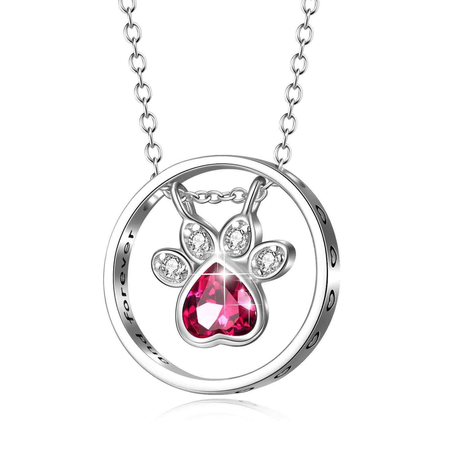 Monica Fine Fashion Jewelry-Necklace Red CZ Sterling Silver Paw Print Necklace - Pet Jewelry for Pet Lovers