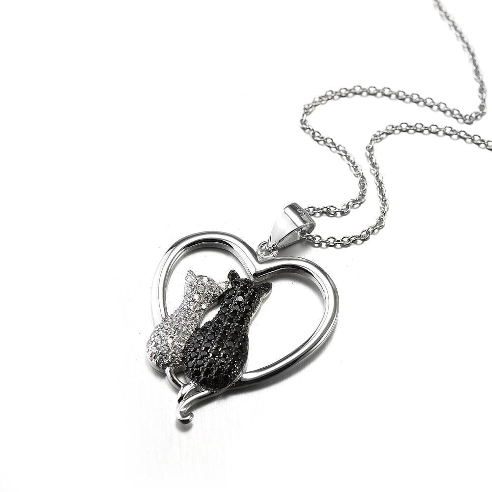 Monica Fine Fashion Jewelry-Necklace Two Cats in a Heart Necklace in 925 Silver, Darling!  White and Black Kitties