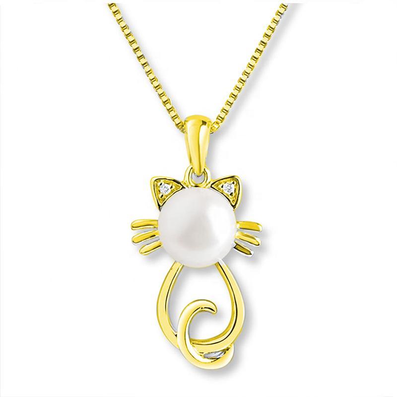 Monica Jewelry SET-Fashion 925 Silver Yellow Gold Plated / Necklace Beautiful Pearl Cat Jewelry Sterling Silver Necklace