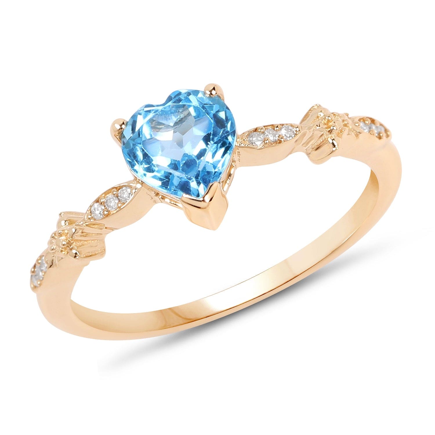 Quintessence Fine Jewelry Rings Topaz Ring Blue Topaz Heart Ring with Twinkling Diamonds in 14K Yellow Gold