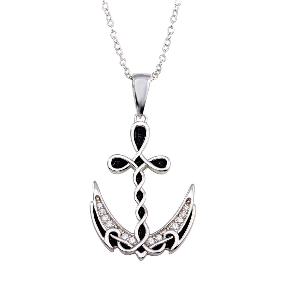 Silver Palace Fine Fashion Jewelry-Necklace Celtic Black and CZ Sterling Silver Anchor Necklace-Uniquely Beautiful!